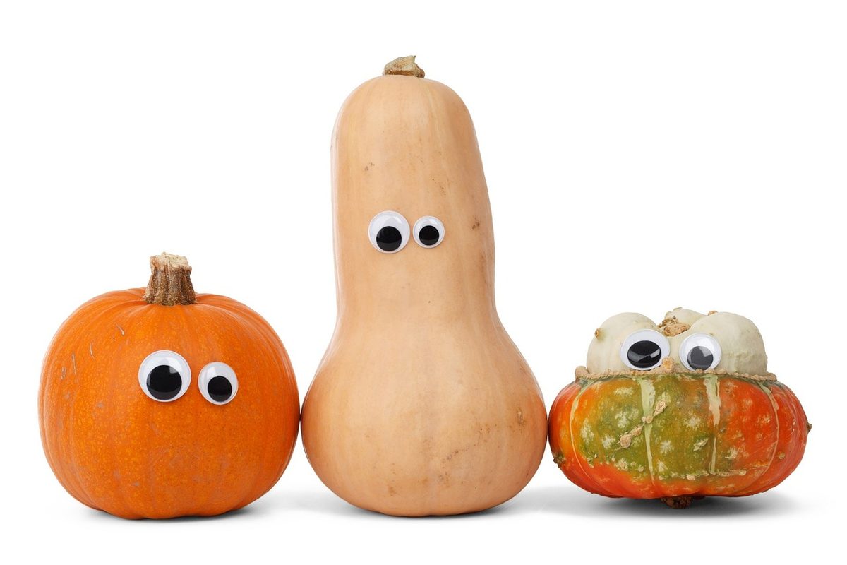 Pompoenen met grappige wiebeloogjes op een rij