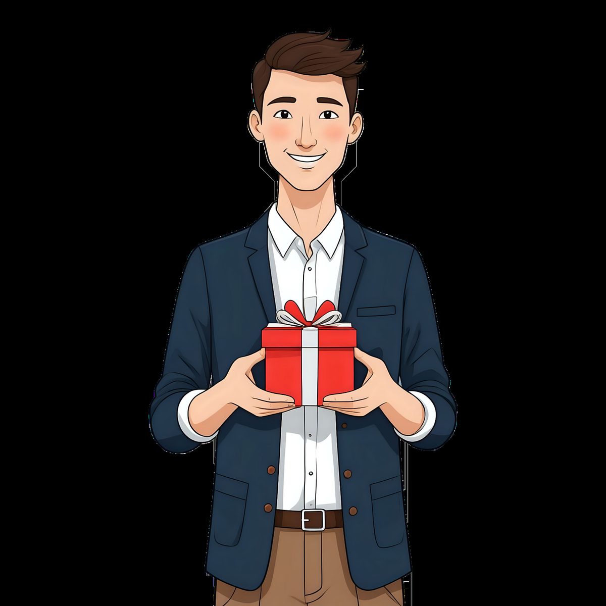 Tekening van een man met een rood cadeautje
