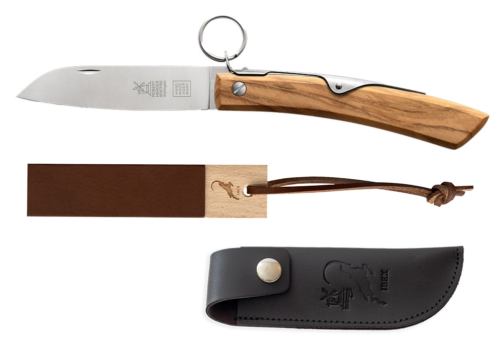 IBEX olijfhout 10 cm met etui en wetsteen